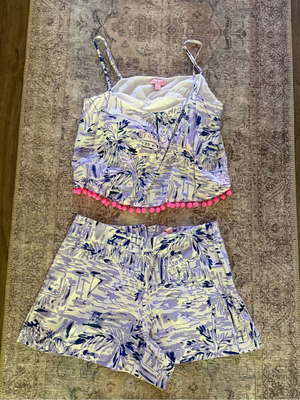 Lilly Pulitzer Lavender, White & Navy Tropical Print Pom-Pom Two-Piece Set